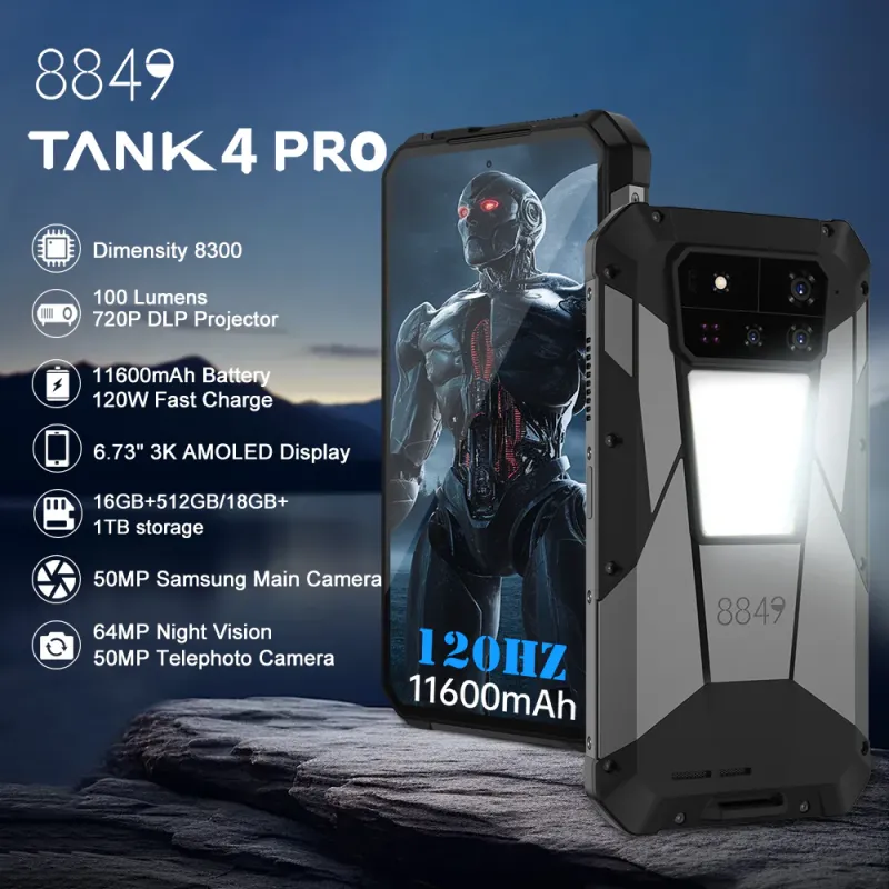 8849 Tank 4 pro AMOLED projector Phone 100 Lum.5G Android 15
